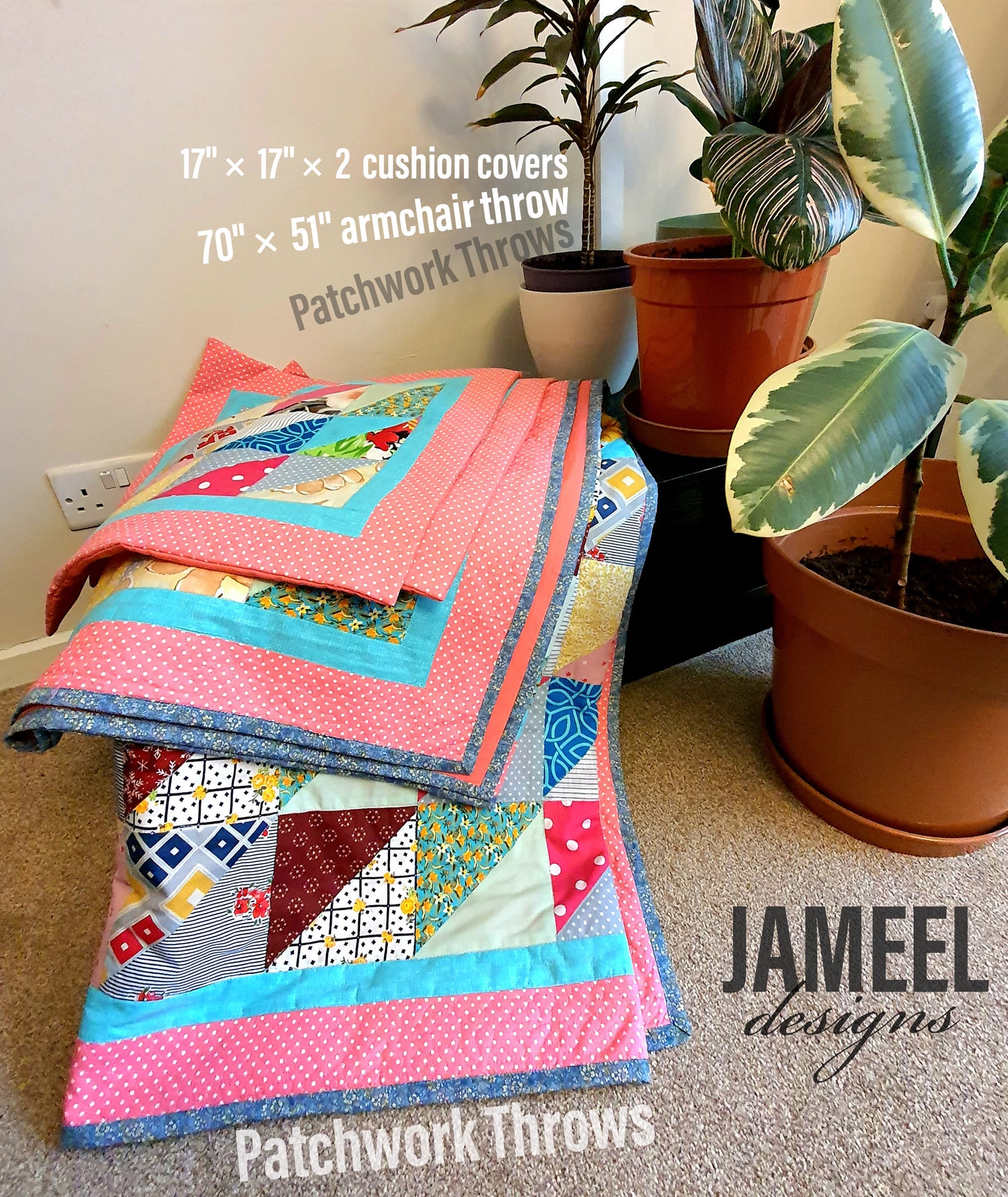 Colorful Patchwork Armchair Throw with 2 Cushion Covers