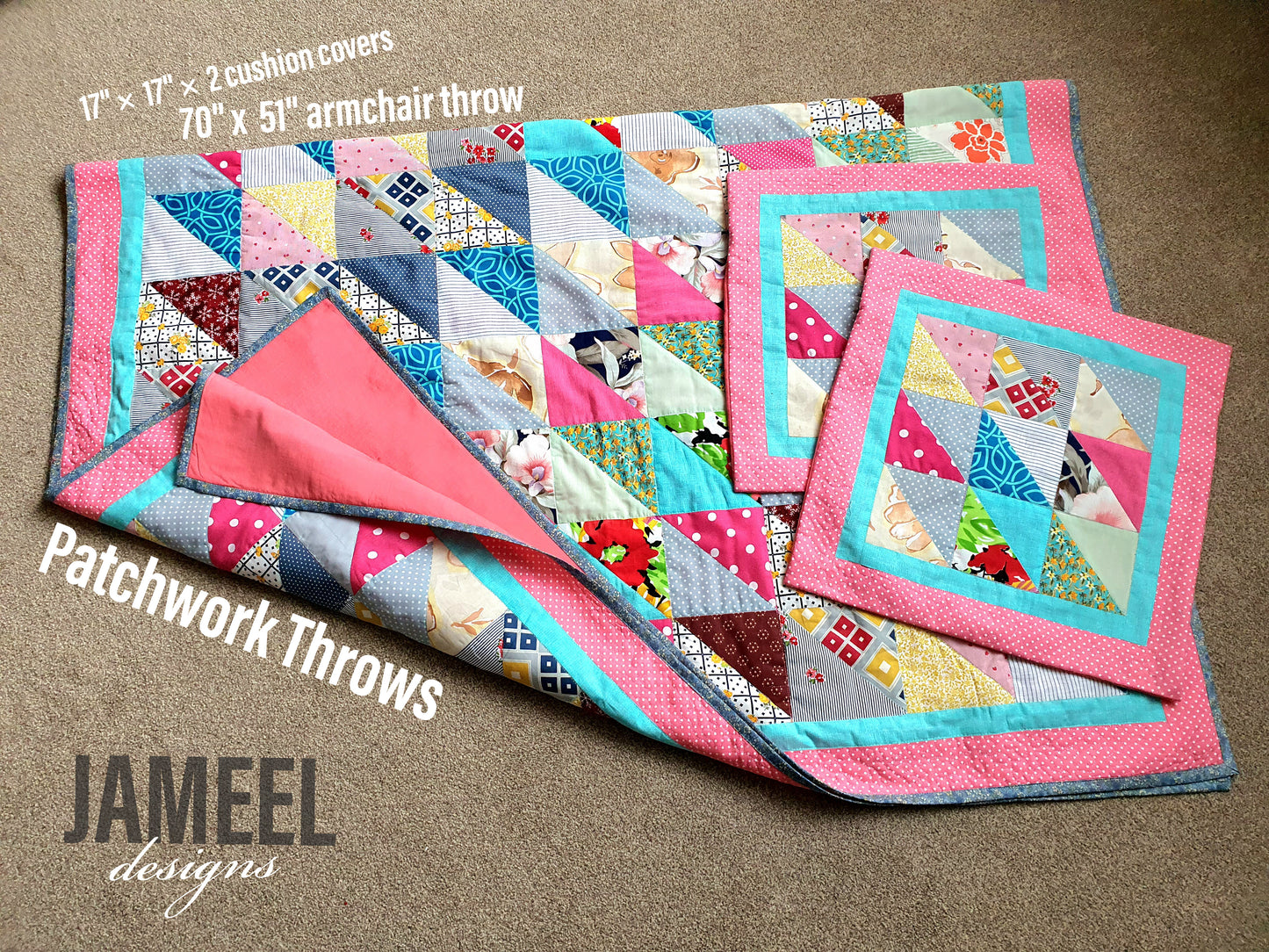 Colorful Patchwork Armchair Throw with 2 Cushion Covers