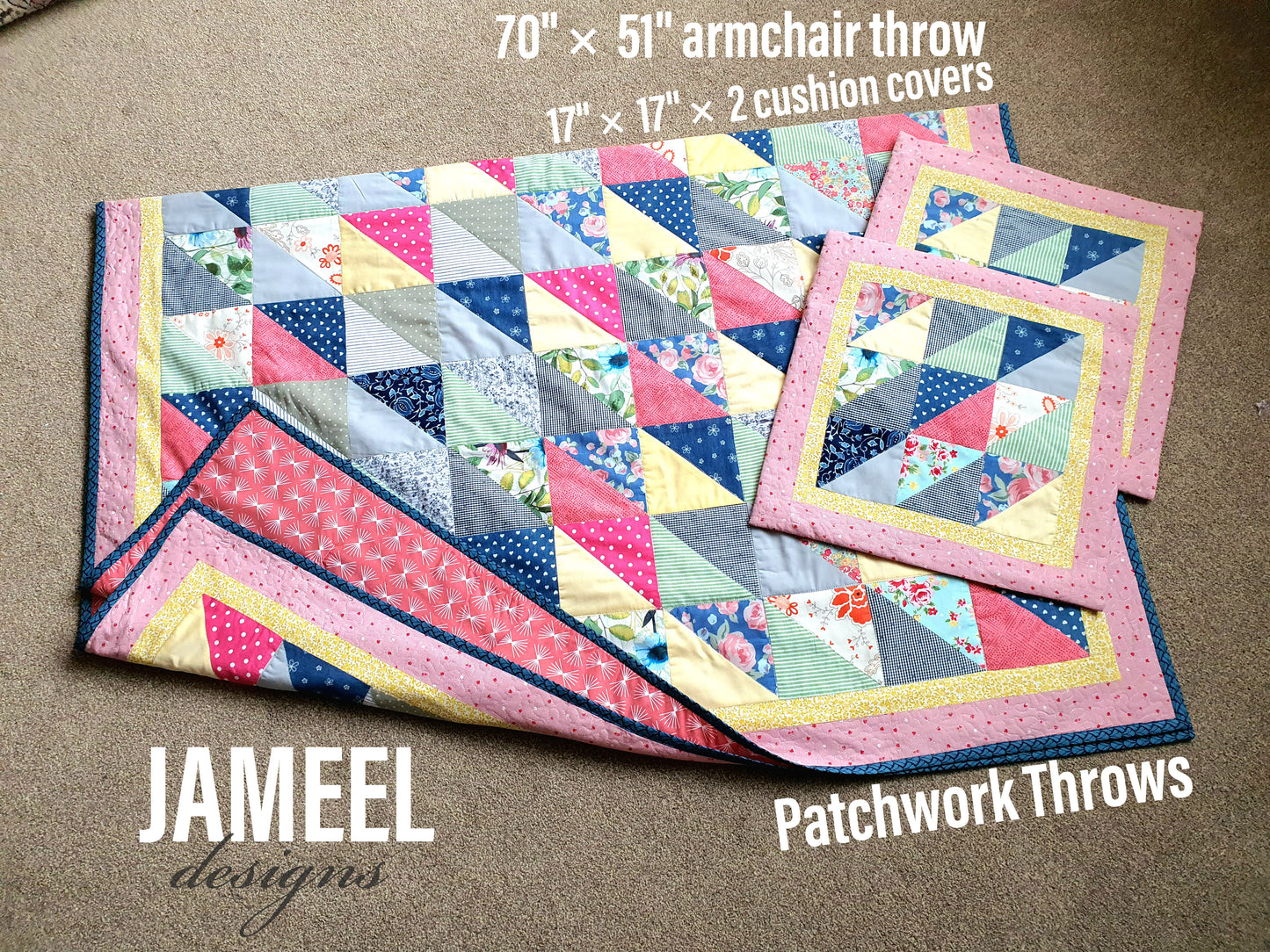 Colorful Patchwork Armchair Throw with 2 Cushion Covers
