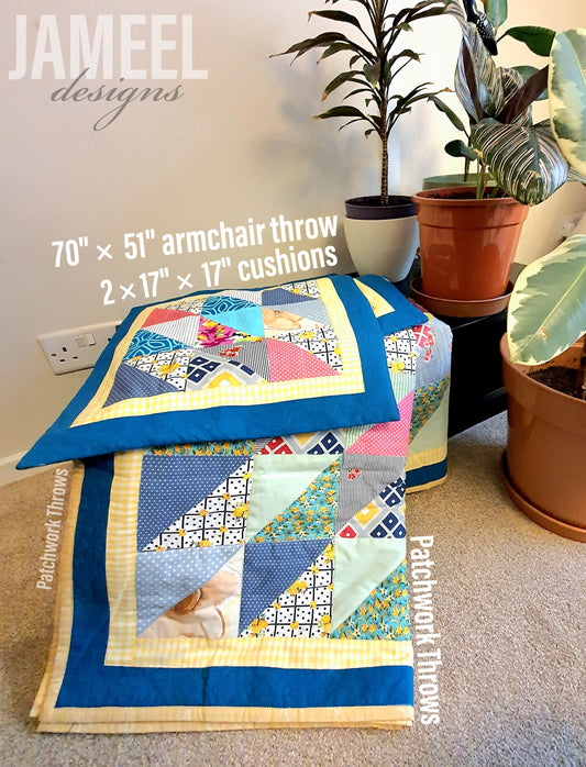 Patchwork Armchair Throw with 2 Cushion Covers